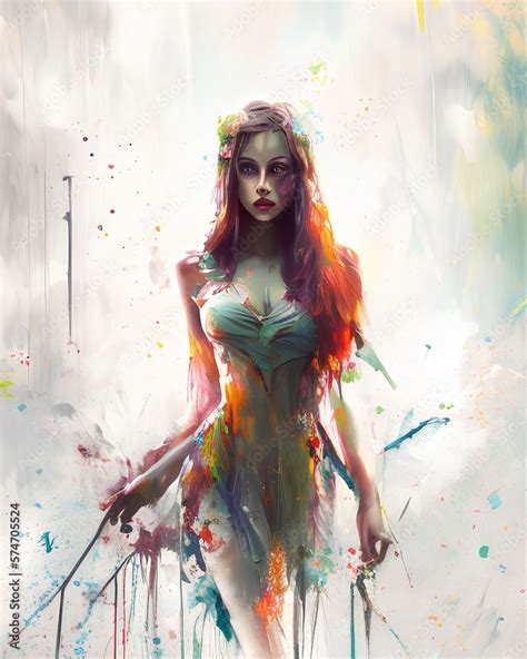 Colorful Hand Drawn Oil Painting Of Nude Asian Woman Dancing With Expressive Body Art For Wall