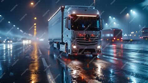 Premium Photo | Semi Truck Driving on Wet Road at Night