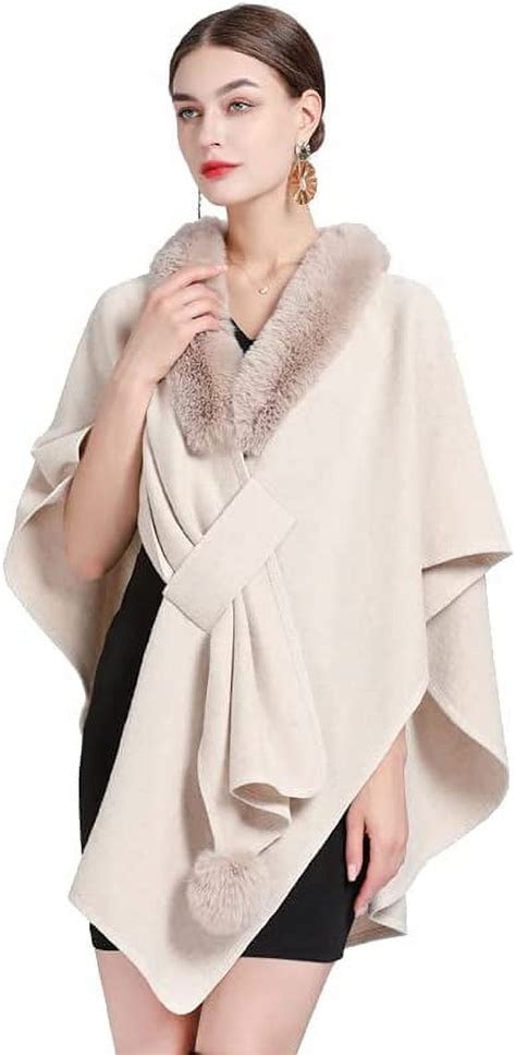 Pikadingnis Cloak Wraps Shawl Poncho For Women Faux Fur Trimmed