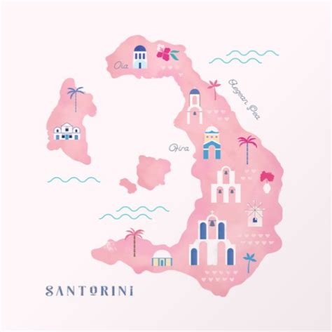 Santorini Island Map Pink And Pastel Illustration Mapping In Greece