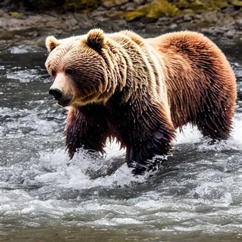 Krea A High Quality Photo Closeup Of A Grizzly Bear In A River With A