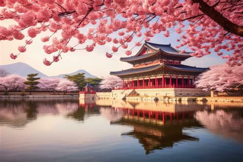 Beautiful Gyeongbokgung Palace In Seoul South Korea Gyeongbokgung Palace With Cherry Blossom