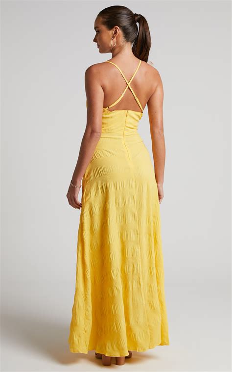 Marisse Maxi Dress Cut Out Front Split Cross Back Textured Dress In Yellow Showpo Usa