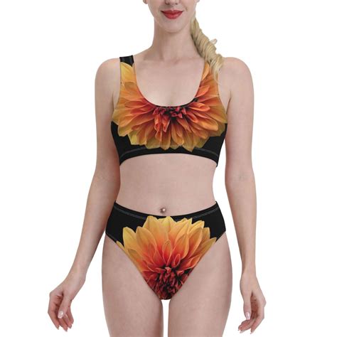 Fotbe Women S Orange Dalia Print Bikini High Waisted Swimsuit Two Piece