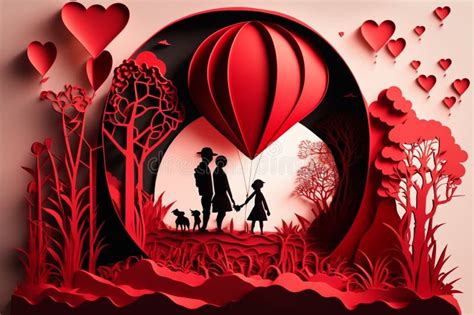 Paper Cut Style Valentine Day With Heart Baloon And Love Generate Ai