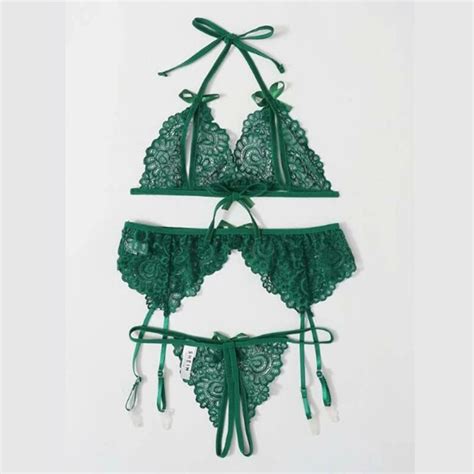 Pcs Sexy Green Sheer Floral Lace Halter Bowknot Bikini Lingerie Bra