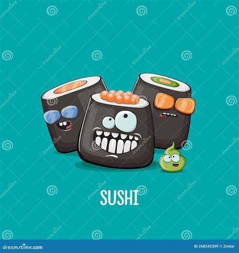 Plantilla De Diseño De Afiches De Sushi Vintage Con Personajes De