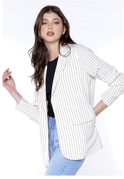 Blazer Feminino Alfaiataria Listrado Risca De Giz Sob Off White Sob