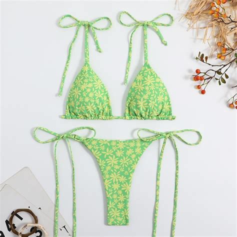 Sentaili Womens Lingerie Flower Print Bikini Set Swimwear Thong Bikini Beach Wear Bathing Suit