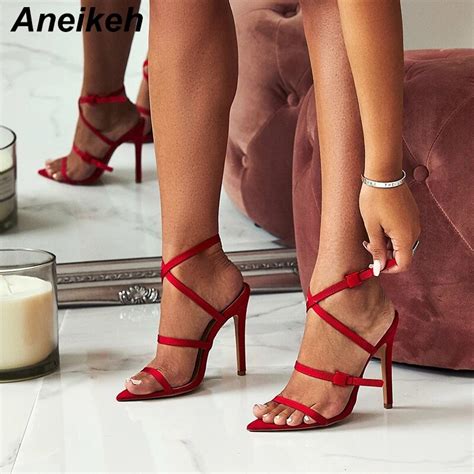 Aneikeh 2018 Narrow Band Womens Sandals Pointed Open Toe Gladiator Thin High Heels Sexy Summer