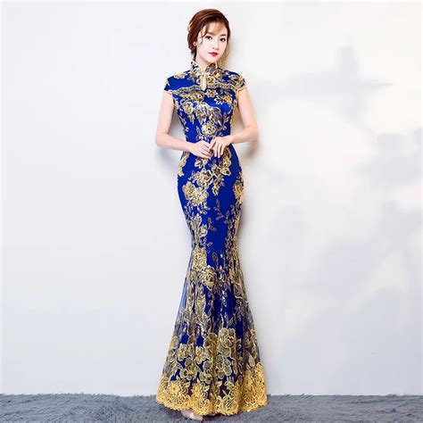 Niebieski Wedding Party Cheongsam Orientalne Suknia Wieczorowa Chi Ski