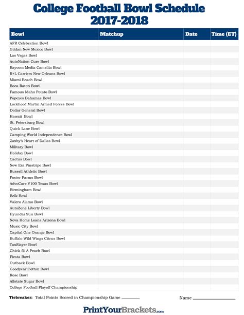 Printable College Football Bowl Schedule