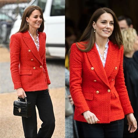 Zara Textured Tweed Red Gold Button Double Breasted Blazer Kate