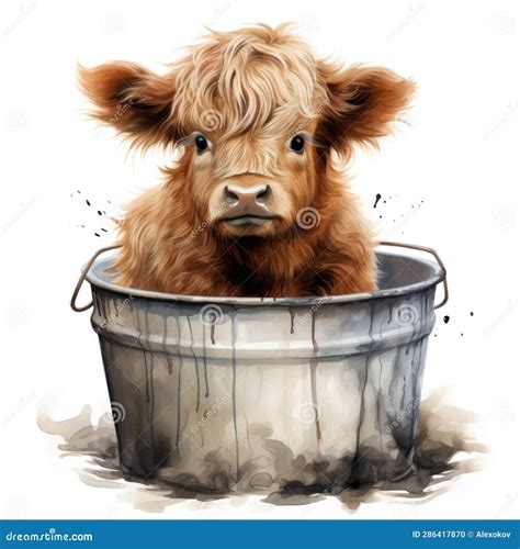 Adorable Highland Cow Sitting In A Bucket Watercolor Clipart Ai