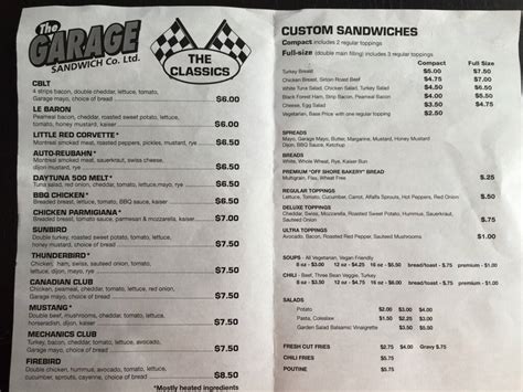 Garage Sandwich Co Menu Menu For Garage Sandwich Co Port Elgin Port