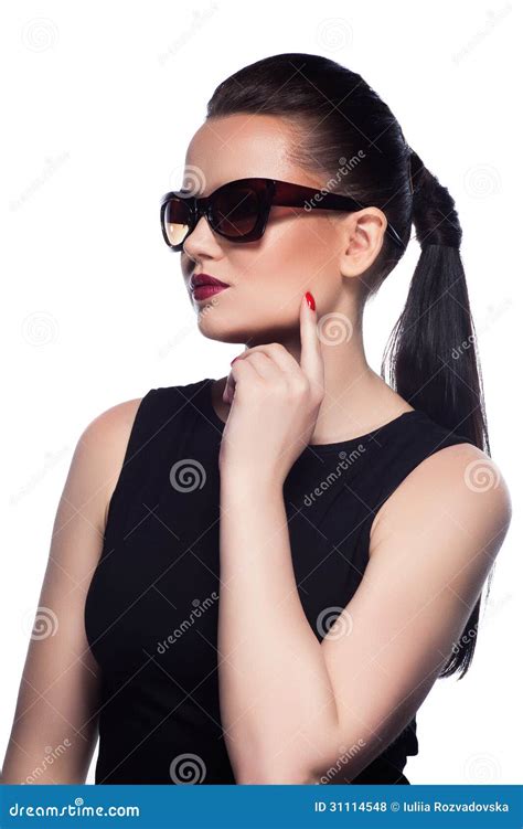 Close Up Portrait Of Beautiful And Fashion Girl In Sunglasses Stock