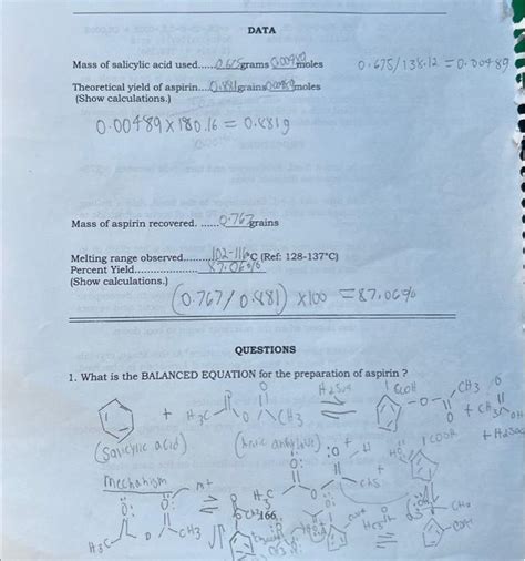 Solved Mass Of Salicylic Acid Used Grams Moles Chegg