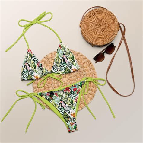 Birds Of Paradise String Bikini Tropical Island Flamingo Parrot Floral Hibiscus Flowers Triangle