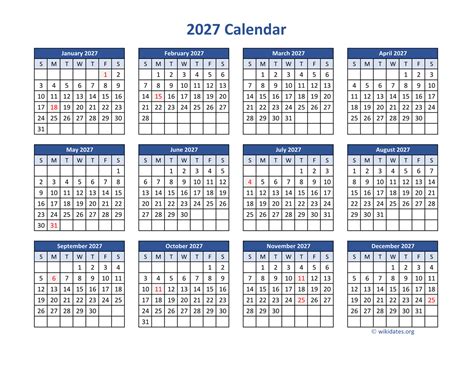 2027 Calendar in PDF | WikiDates.org
