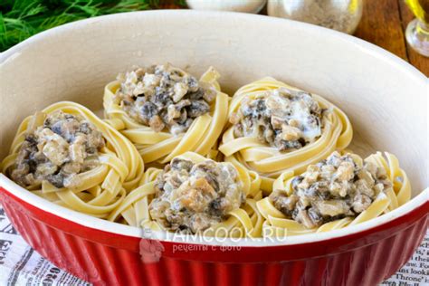 Макароны-гнезда с грибами и сыром в духовке — рецепт с фото пошагово
