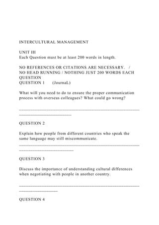 INTERCULTURAL MANAGEMENTUNIT III Each Question Must B Docx