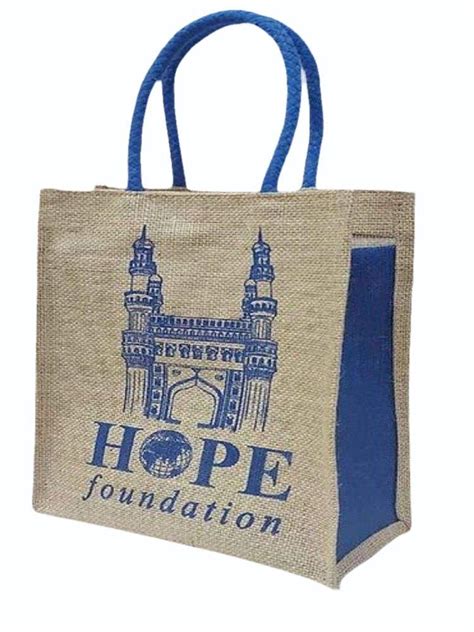 Brown And Blue Printed Open Jute Carry Bag Size 12 X 10 X 3 Inch