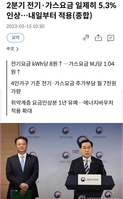 2분기 전기·가스요금 일제히 53 인상내일부터 적용종합 인스티즈instiz 이슈 카테고리