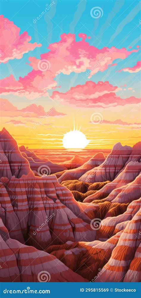 Vibrant Cartoon Of Ominous Sunset Over Badlands National Park Stock