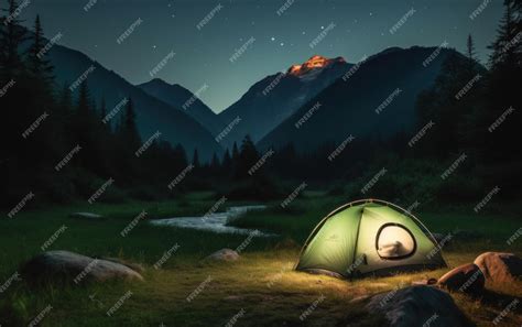 Premium AI Image | A tent in the mountains with a mountain in the ...