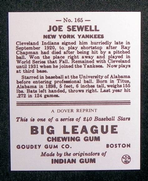 Joe Sewell Goudey Gum Company Reprint Card From Dover Exact