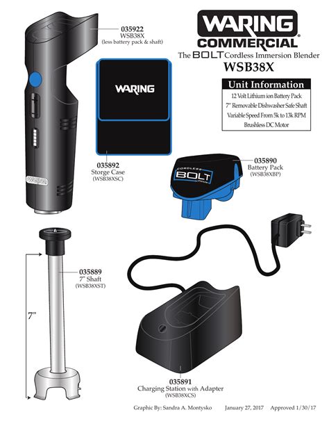 Waring WSB38X Waring BOLT Cordless Lithium Immersion Blender Parts