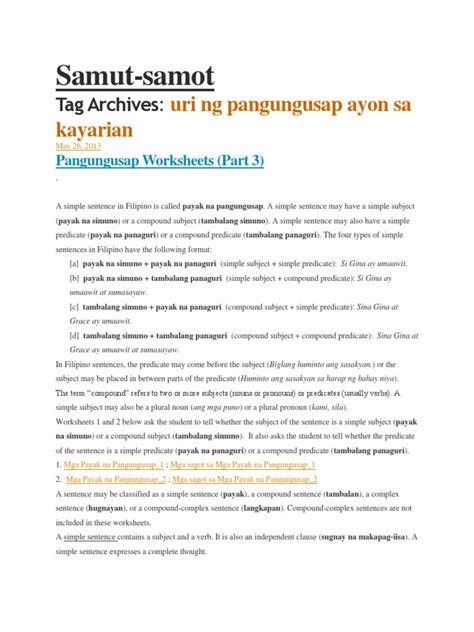 Pangungusap Ayon Sa Kayarian Worksheet Ayon Panloob