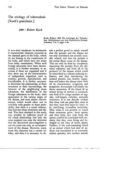 The etiology of tuberculosis [Koch's postulates.] Robert Koch