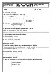 Mid Term Test N2 Third Form ESL Worksheet By Wafouta