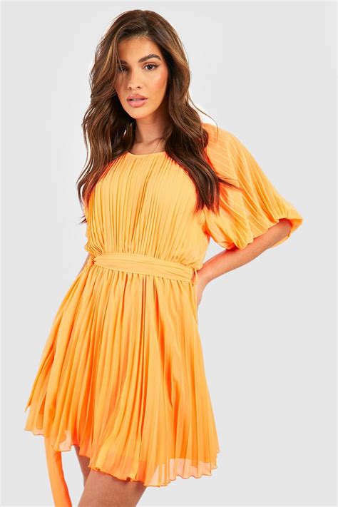 Pleated Puff Sleeve Mini Dress Boohoo Uk