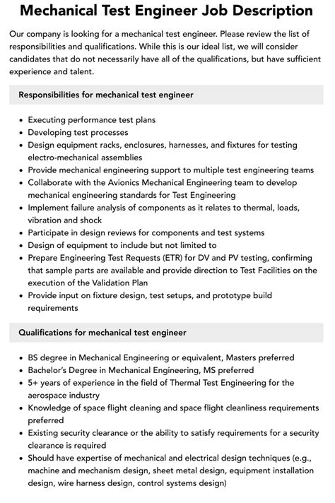 Mechanical Test Engineer Job Description Velvet Jobs