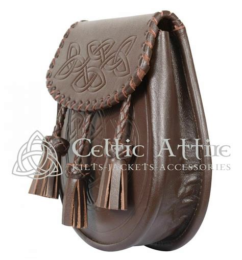 New Handmade Brown Leather Scottish Kilt Sporran Celtic Knot Pattern