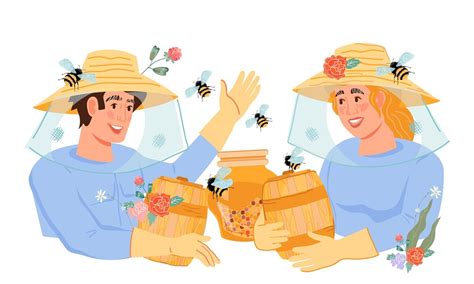 Premium Vector Beekeepers Man And Woman Offer Their Honey Products Flat Vector Illustration