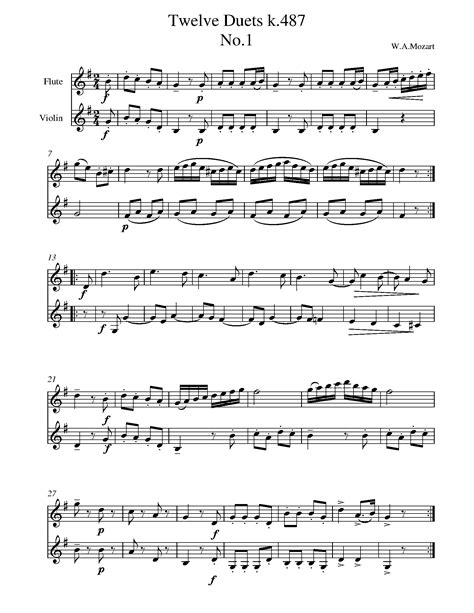 Mozart Twelve Duets K487 No1 Sheet Music For Violin Flute Duet