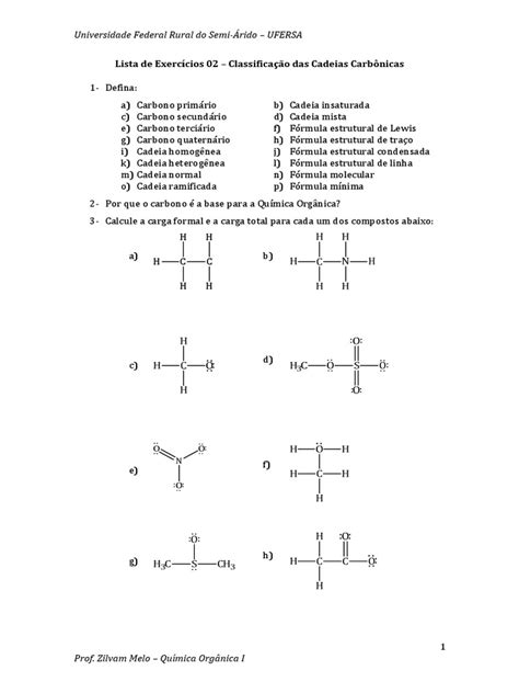 Lista De Exercícios 02 Estrutura E Classificação Das Cadeias Carbônicas Carbono Ligação