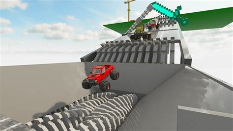 Monster Cars Fall Through Cogwheels And Barriers Into The Shredder