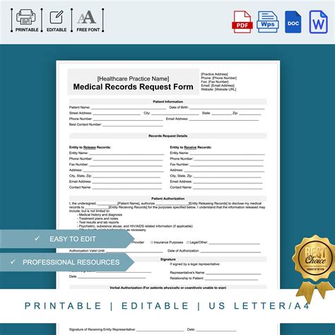 Medical Records Request Form Template, Printable Healthcare Medical
