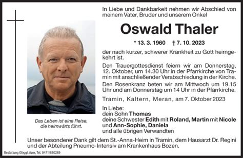 Traueranzeigen Von Oswald Thaler Trauer Bz