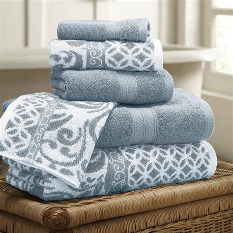 6 Piece Reversible Yarn Dyed Jacquard Towel Set Trefoil Filigree Sterling Blue