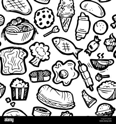 Set of food. Baking buns and meat dishes. Hand drawing outline ...