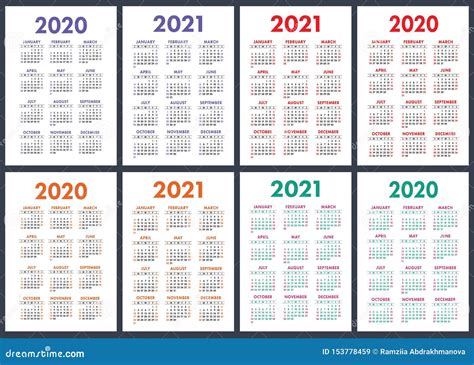 Calendario 2020 2021 A Os Sistema Colorido Del Vector Comienzo De La