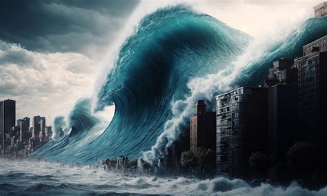 Enorme Tsunami Destruindo Uma Cidade Uma Grande Onda Inundando A