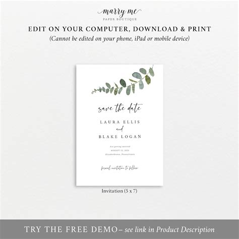 Eucalyptus Save The Date Template Greenery Save Our Date Card Etsy Uk