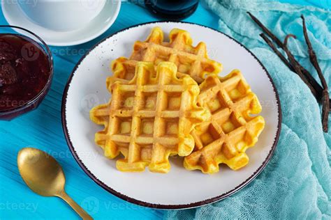 Sweet Pumpkin Waffles With Strawberry Jam Delicious Breakfast With