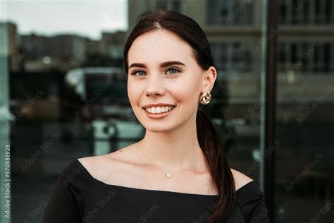 Pretty Brunette Caucasian Woman Standing Outside Street With White Teeth Beaming Healthy Smiling